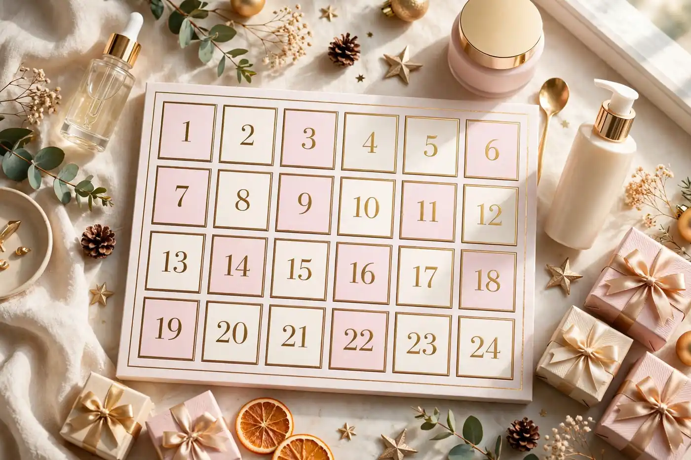 Illustrative photo: festive beauty advent calendar with pink doors surrounded by skincare gifts