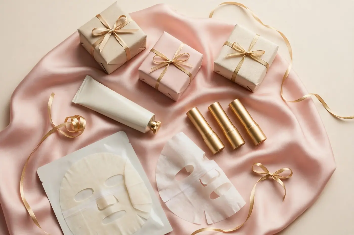 Illustrative photo: office-friendly skincare gifts — hand creams, lip balms, sheet masks — arranged as wrapped holiday gifts