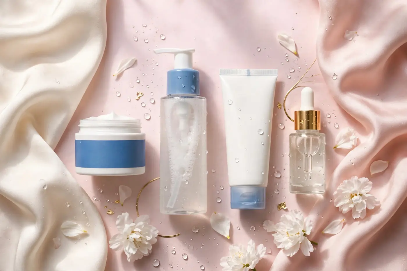 Illustrative photo: lineup of gentle cream jars and skincare bottles on blush-pink and cream fabric with water droplets