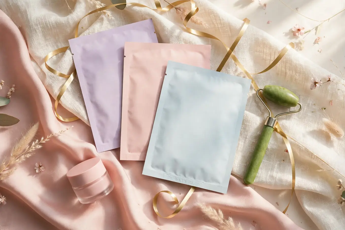 Illustrative photo: K-beauty holiday gifts flatlay with a pink lip balm jar, sheet mask packets in tissue and a green jade face roller