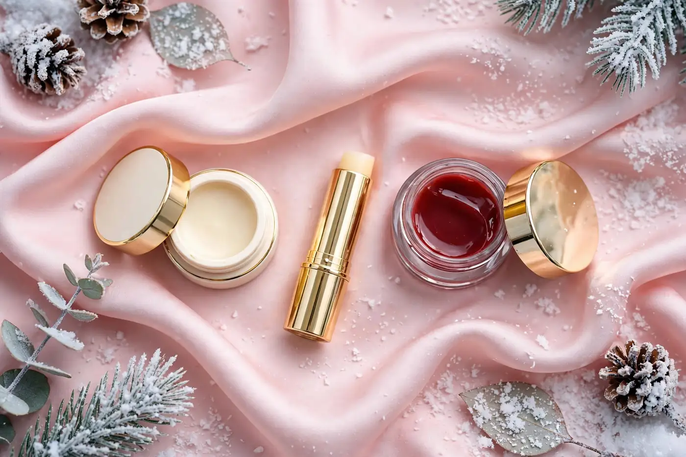 Illustrative photo: winter lip balms and a berry lip sleeping mask jar