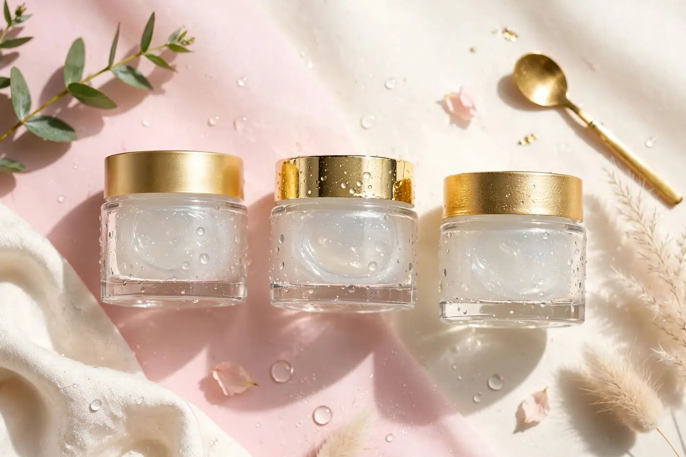 Illustrative photo: glass jars of lightweight gel moisturizer with water droplets on blush pink fabric