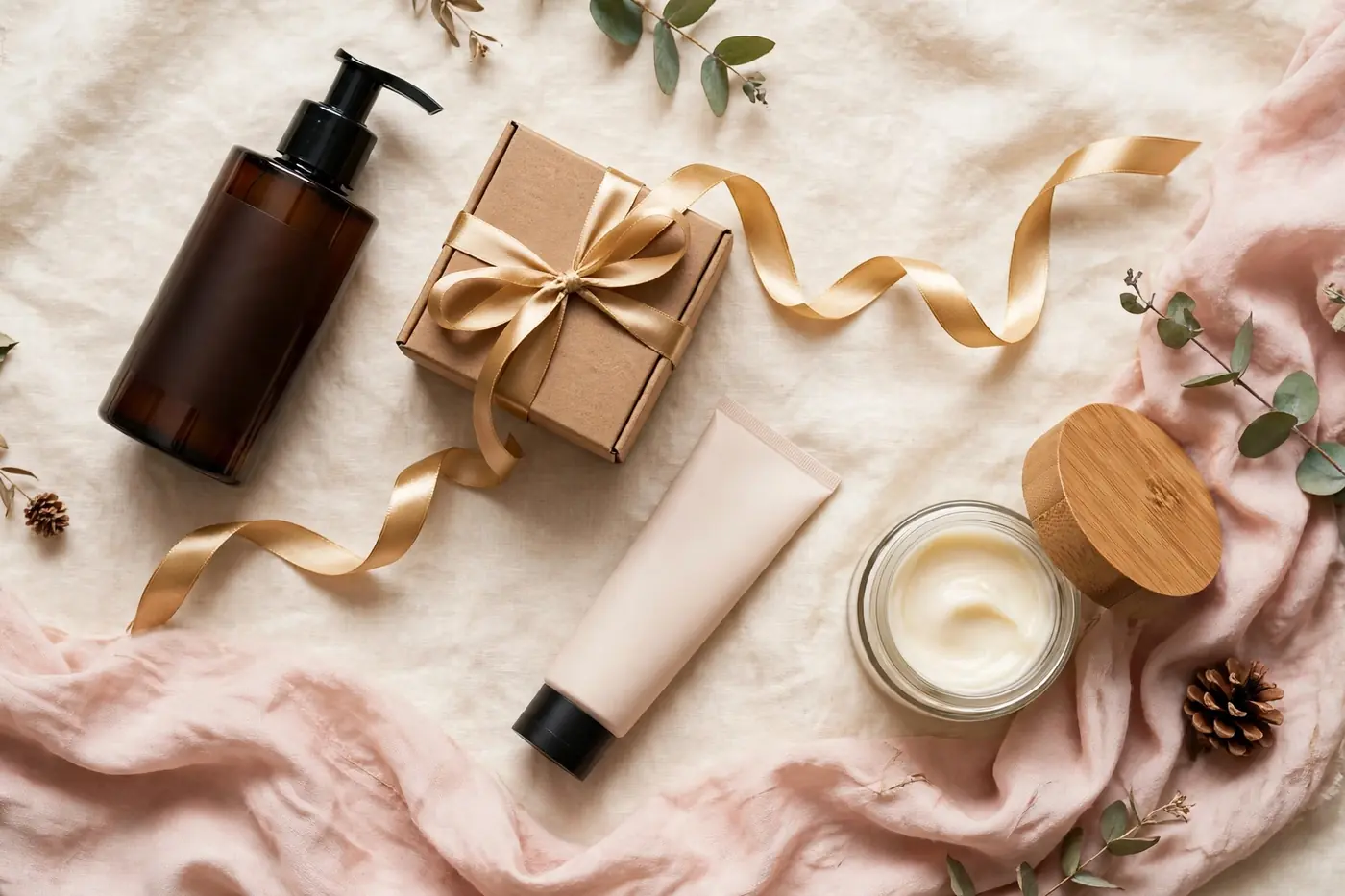 Illustrative photo: holiday gift flat-lay of men's skincare products with a gift box and gold ribbon