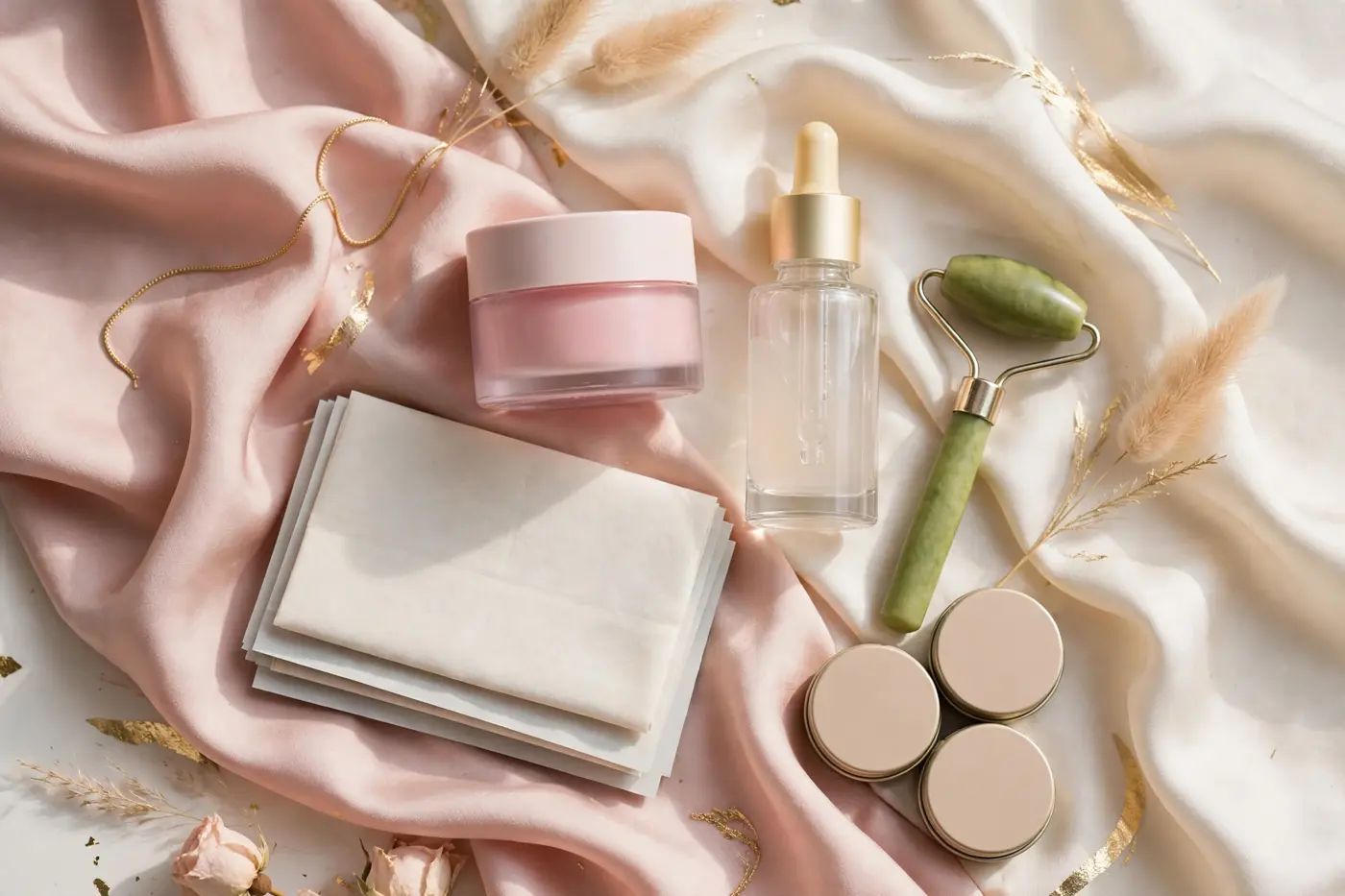 Illustrative photo: skincare gift flat lay with serum bottle, lip mask jar, jade roller and sheet masks on blush-pink silk