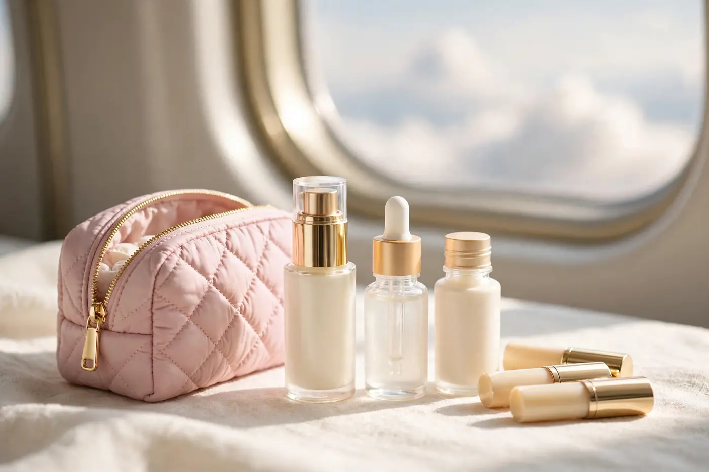 Illustrative photo: travel-size skincare gift sets and lip balms arranged on a cream vanity