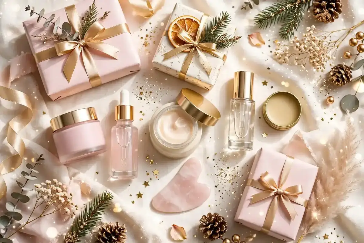 Illustrative photo: festive flat lay of wrapped beauty gift boxes and skincare essentials in pink, cream and gold