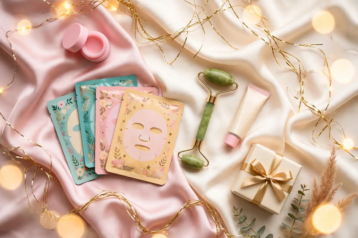 Illustrative photo: festive flatlay of small beauty gift items — lip balm jar, sheet masks, jade roller and a gold-ribboned gift box
