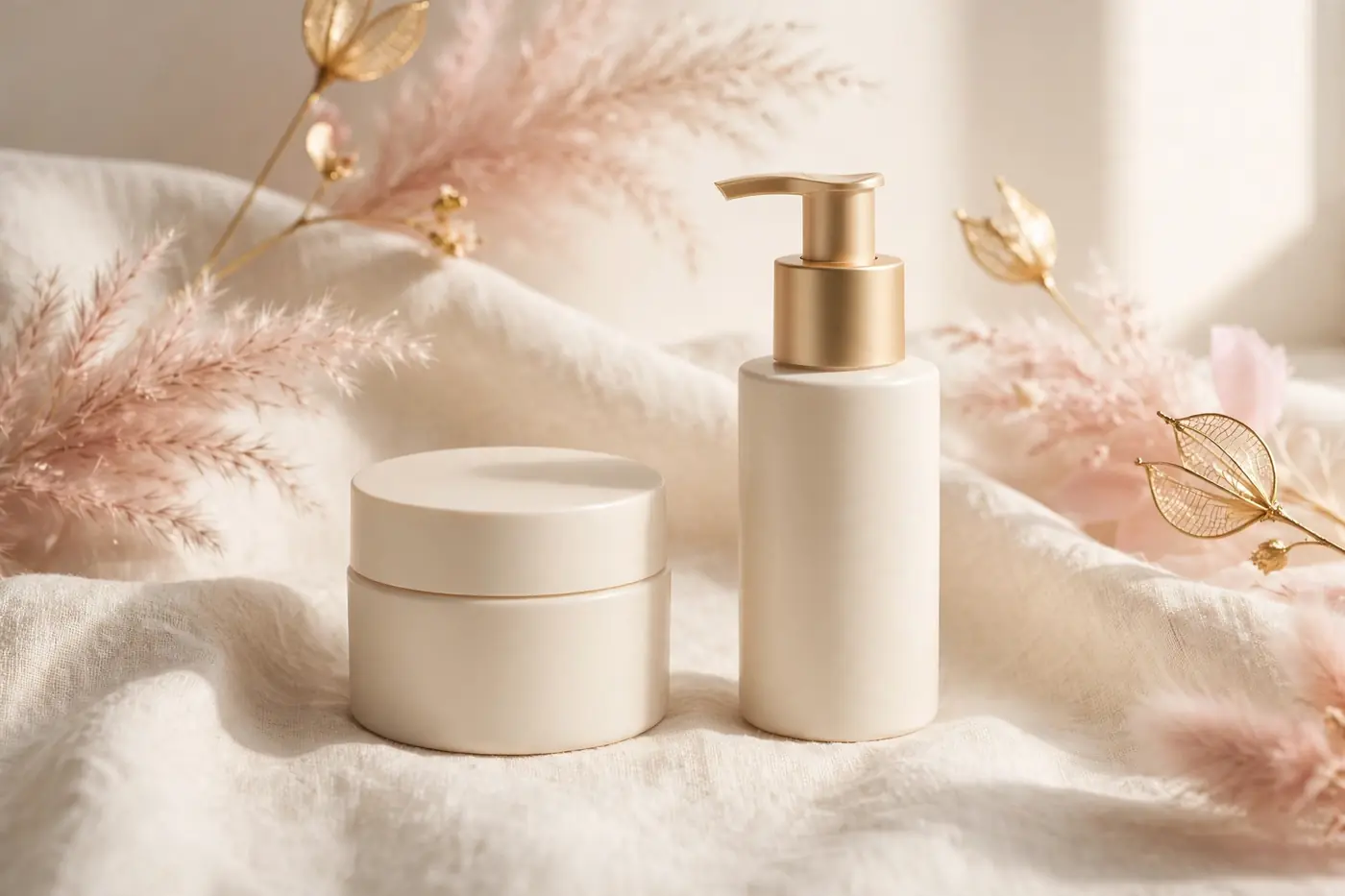 Illustrative photo: rich cream tub next to a lightweight lotion pump bottle