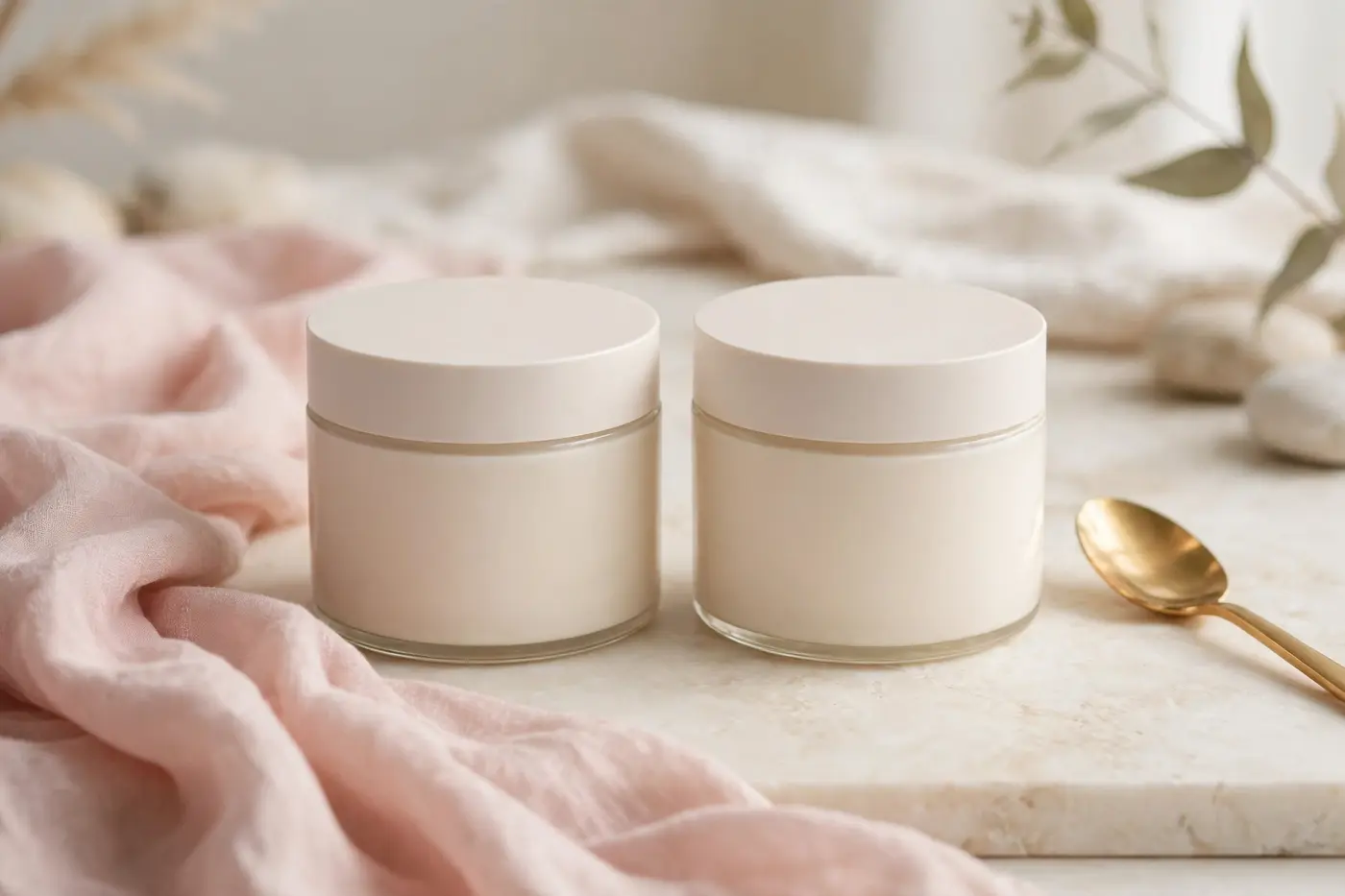 Illustrative photo: two body cream jars side by side representing a Eucerin vs La Roche-Posay body cream comparison