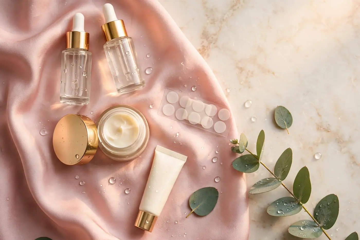 Illustrative photo: evening skincare flatlay for oily skin — cleanser, niacinamide serum, PM moisturizer and hydrocolloid patches on blush-pink silk