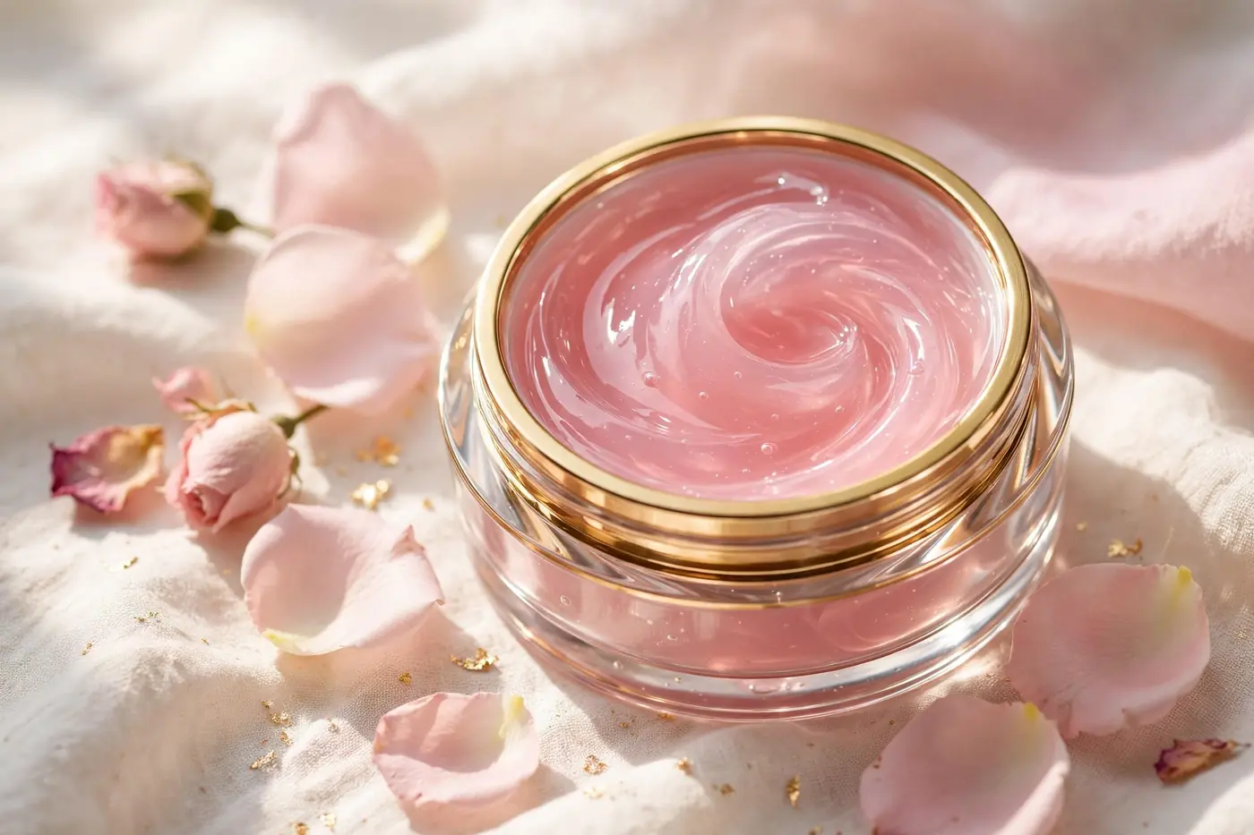 Illustrative photo: glossy pink lip sleeping mask in an open jar with rose petals