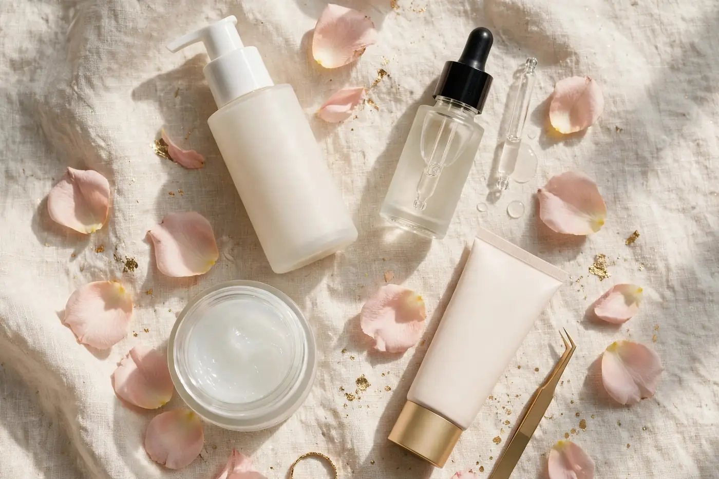 Illustrative photo: morning skincare lineup for acne-prone skin — cleanser, niacinamide serum, gel moisturizer and sunscreen