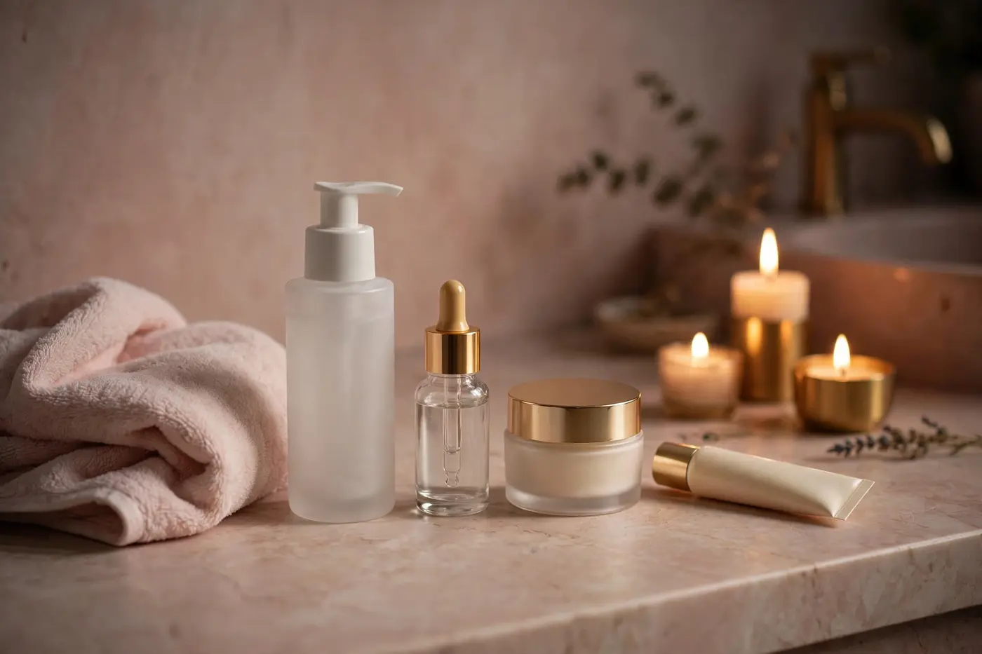 Illustrative photo: evening skincare flat lay with cleanser, serum, night cream and candles for a dry skin night routine