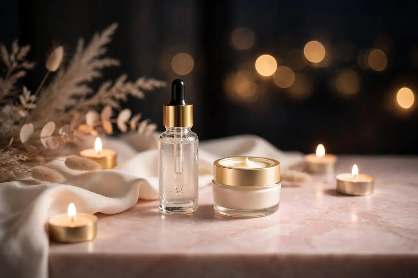 Illustrative photo: beginner retinol serum bottle with soft cream textures at night
