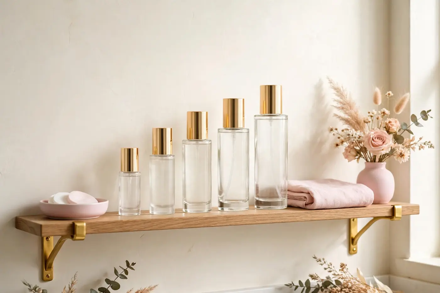 Illustrative photo: skincare products arranged smallest to largest on a shelf, showing layering order