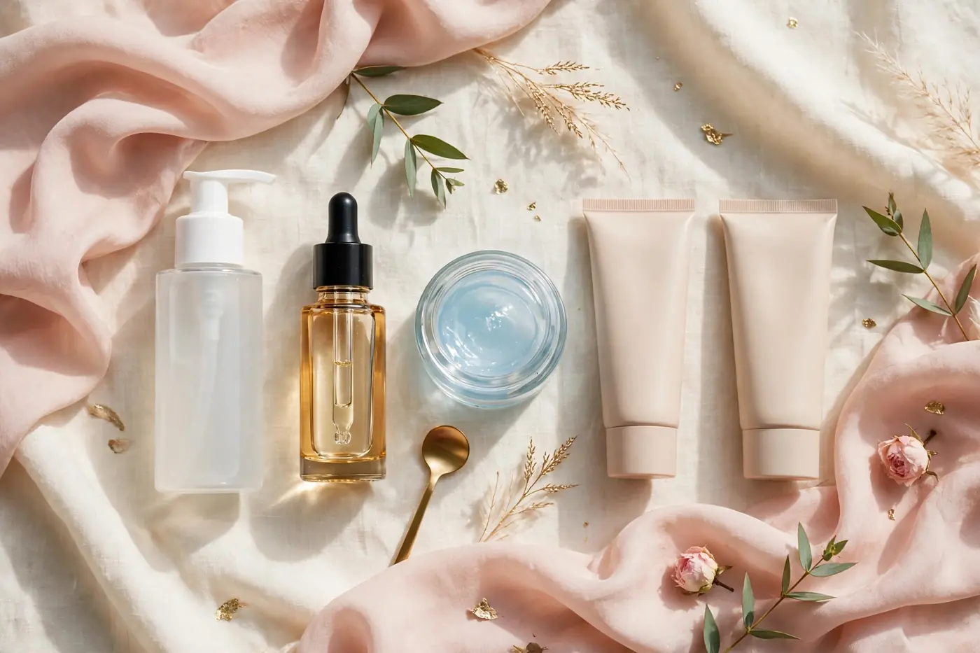 Illustrative photo: five-step skincare routine flat-lay with cleanser, serum, gel moisturizer and sunscreen on cream linen
