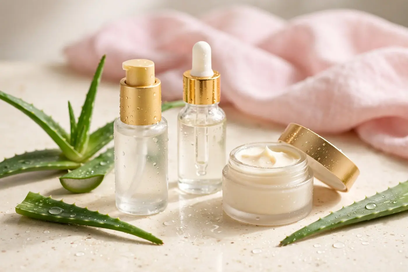 Illustrative photo: gentle fragrance-free skincare bottles and a soft cream jar on cream stone with water droplets and aloe leaves