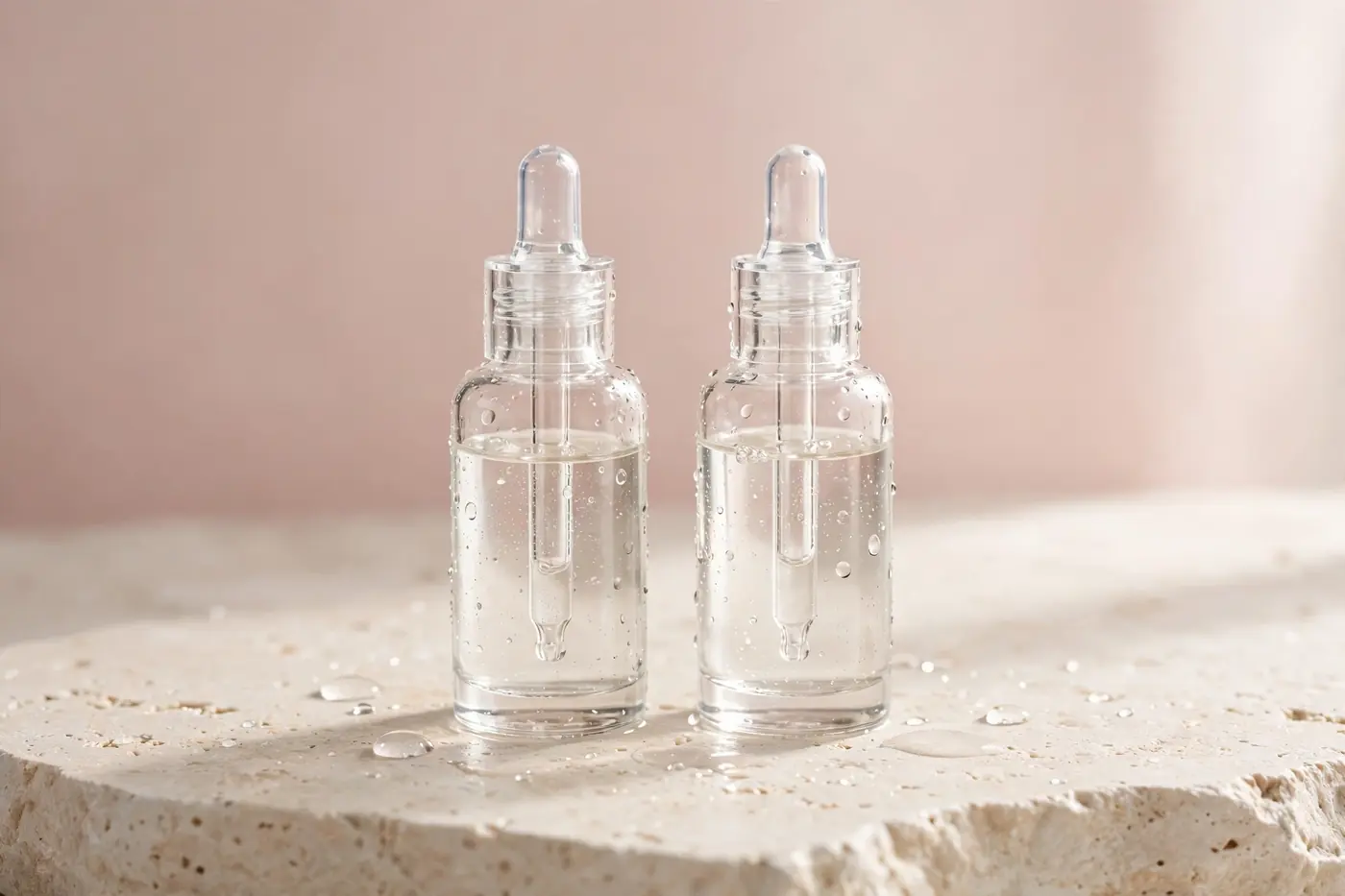 Illustrative photo: two clear hyaluronic acid serum bottles side by side with water droplets