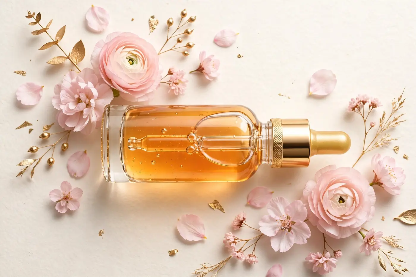 Illustrative photo: glass serum dropper bottle with golden serum on a cream background with pink flowers