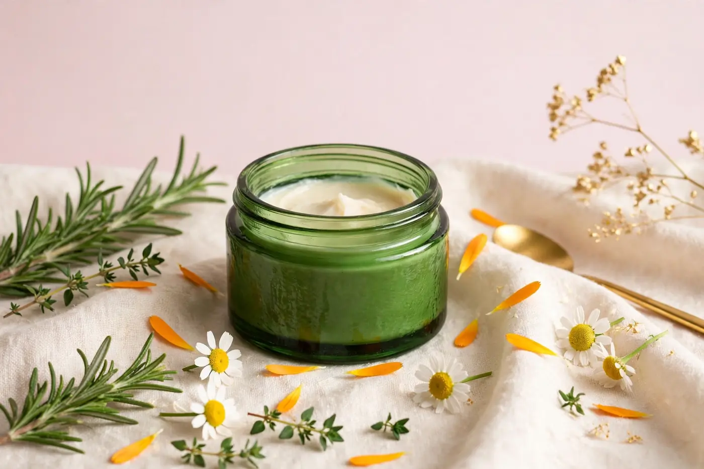 Illustrative photo: green tube of ultra-rich botanical cream beside calendula flowers on a cream surface